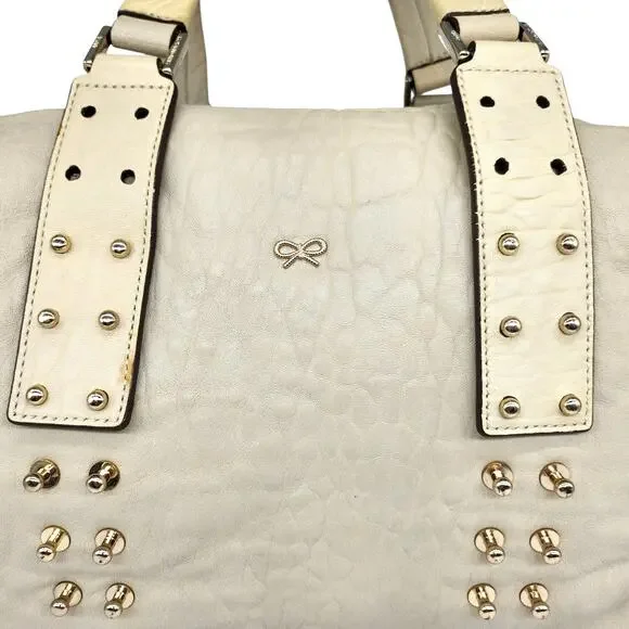 Anya Hindmarch Mini Boston Bag White Cream Gold Studded Top Handle